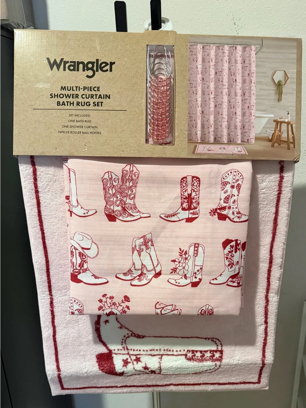 Wrangler Pink and Red Cowboy Boot Shower Curtain & Bath Rug Set